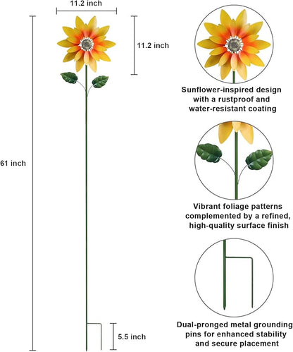 hogardeck Outdoor Wind Spinner, 61" Metal Sunflower Wind Spinner with Stake, 360° Rotating Windmill Yard Art, Kinetic Wind Sculptures for Home Lawn Backyard Patio Decor, Gifts for Garden Lovers
