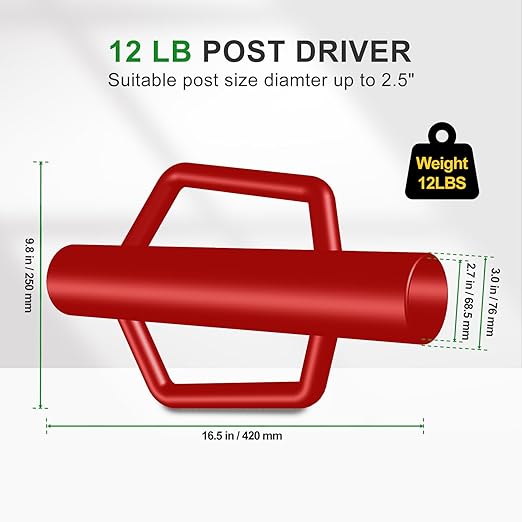 Fence Post Driver with Handle,12LB Hand Post Pounder,2.7 inches Inner Dia. Pole Rammer, Farm Wire Fencing for T Post, Metal Fence Stake and Sign Posts, Red