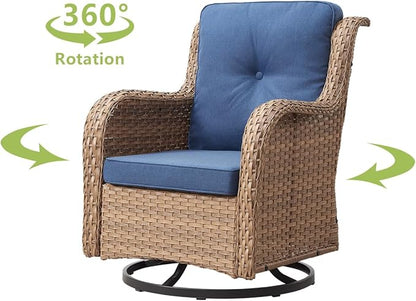 HUMMUH 3-Piece Swivel Rocking Rattan Chair Outdoor, Patio Bistro Furniture Conversation Set, Cushioned Wicker Chair with Glass Coffee Table(Yellow,Blue)