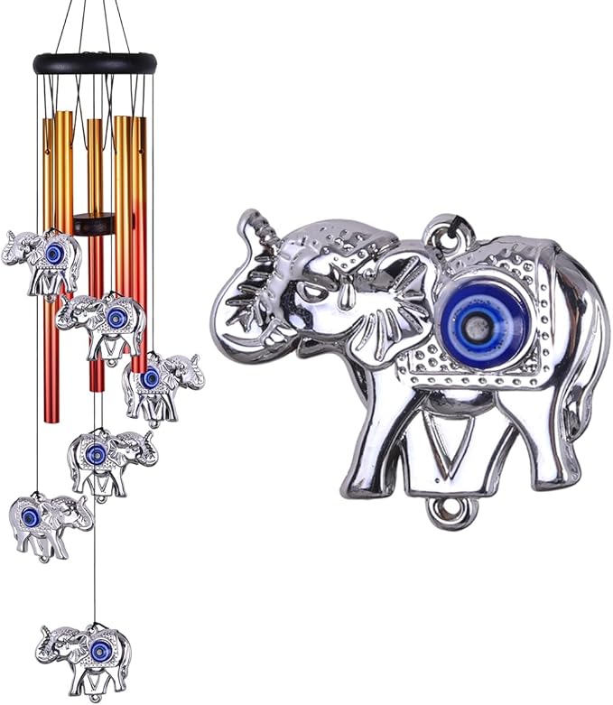 Blue Evil Eye Elephant Wind Chimes Outdoor Decor, Mobile Evil Eye Wind Catcher, Evil Eye Elephant Wind Bells, Blue Evil Eye Amulet Wind Chimes for Home, Gift for Mom, Balcony, Patio, Garden Decoration