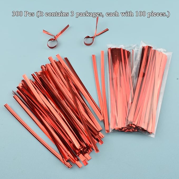 HAHIYO 300Pcs 4 Inches Red Metal Twist Ties for Bread, Candy, Coffee, Plant Garden, Cellophane Treat Bags, Gift Wrapping, Plastic Bags, Halloween Party, Cake Present, Art Crafts