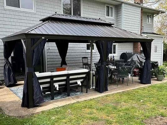 PURPLE LEAF 12' x 20' Hardtop Gazebo Outdoor Metal Roof Sun Shade Tent with Curtains and Netting Patio Canopy Permanent Pavilion