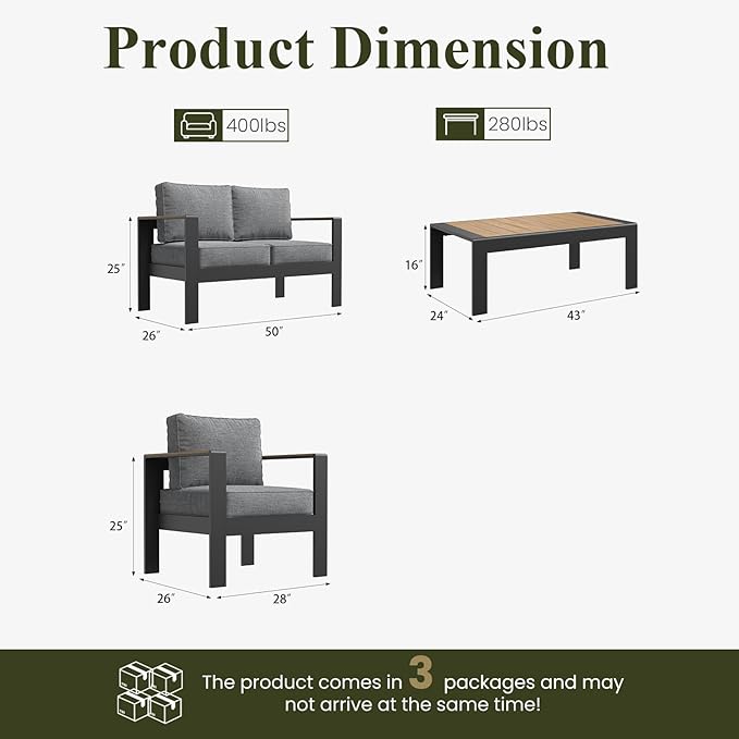 LayinSun 4 Piece Aluminum Outdoor Furniture Set with Coffee Table, Outside Patio Deep Seating Conversation Set with Upgraded Washable Thick Cushion