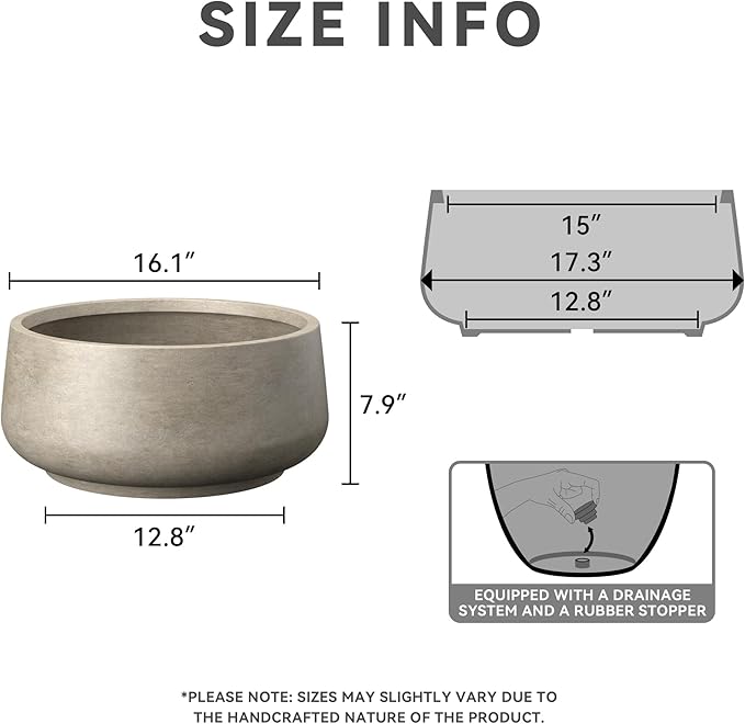 Kante 16.1" Dia Round Curvy Concrete Planter, Large Plant Pots with Drainage Hole and Rubber Plug for Indoor Outdoor Plants, Flower Pot for Home Garden Patio Porch, Weathered Concrete