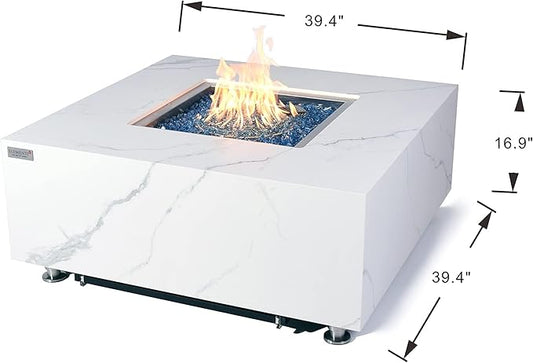 Elementi+ | Bianco Gas Fire Pit | Marble Porcelain & Metal Frame | 40" Square Fire Table | Electronic Ignition | Canvas Cover, Fire Glass & Burner Lid Included | White | Propane Gas