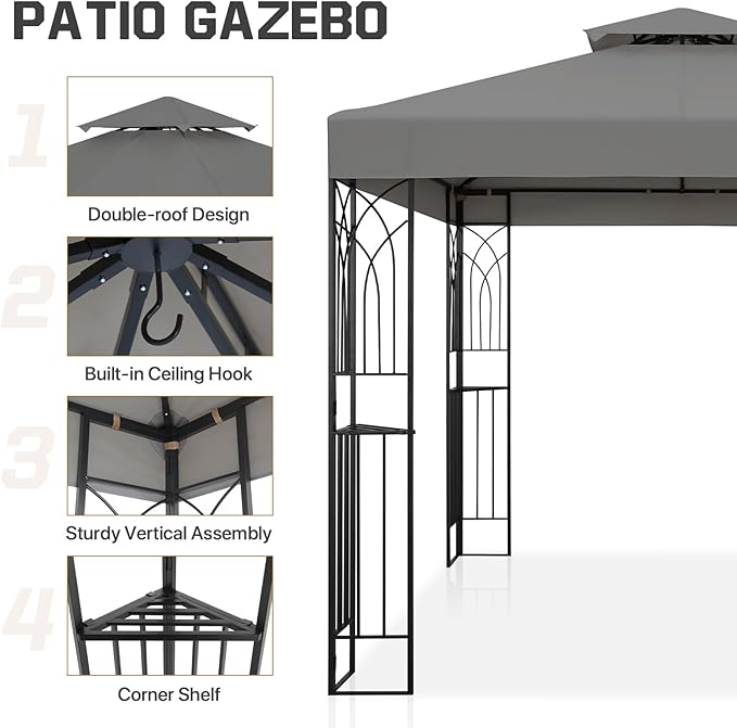 COOS BAY 8x8 Outdoor Patio Gazebo with Corner Shelves, Two-Tier Soft Top Canopy for Backyard, Lawn, Deck and Garden, Gray