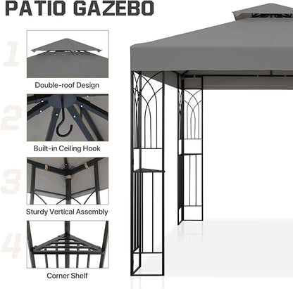 COOS BAY 8x8 Outdoor Patio Gazebo with Corner Shelves, Two-Tier Soft Top Canopy for Backyard, Lawn, Deck and Garden, Gray