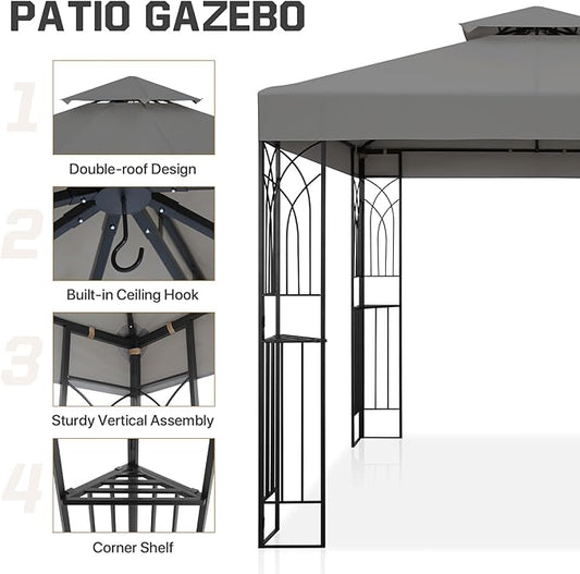 COOS BAY 8x8 Outdoor Patio Gazebo with Corner Shelves, Two-Tier Soft Top Canopy for Backyard, Lawn, Deck and Garden, Gray