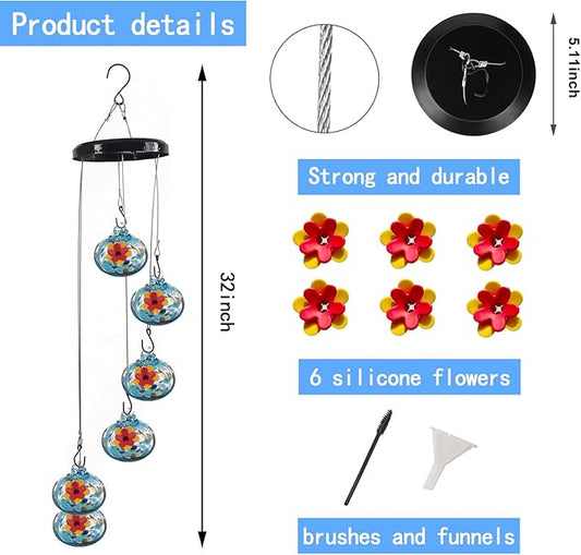 Decorative Glass Wind Chime Type Hummingbird Feeder Hanging Type, Blue with red Floral Design, 6 Hanging Spheres, ant Proof and Sealed, Perfect for Outdoor Garden Decoration.