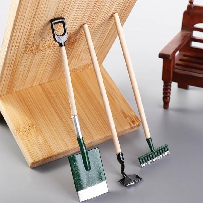 3Pcs Miniature Garden Tools 1:12 Mini Shovels and Rake Farm Tools Fairy Garden Furniture Dollhouse Accessories (Black)
