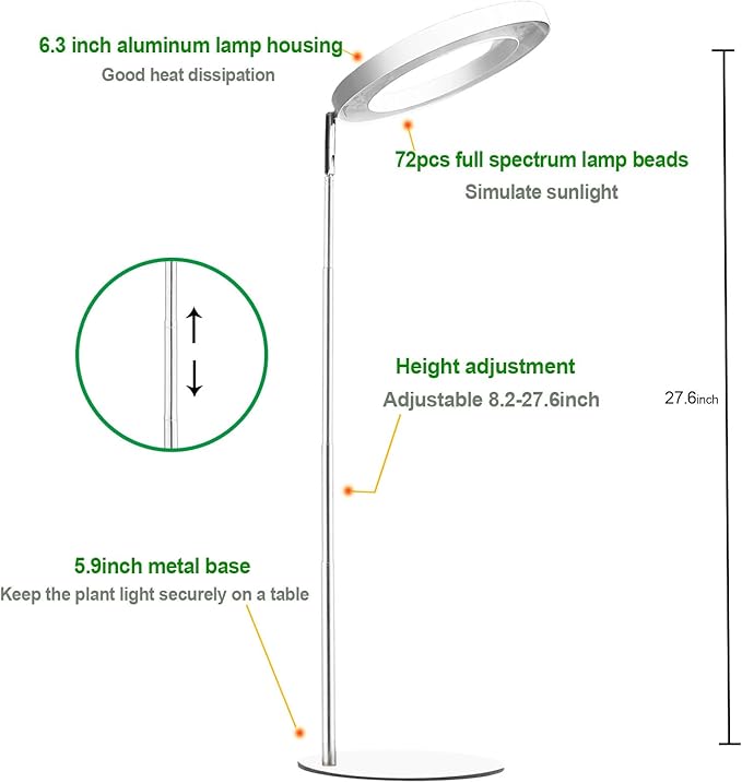yadoker 72 LEDs Full Spectrum Plant Grow Light for Indoor Plants，Height Adjustable, 6.3" Aluminum Housing,Automatic Timer with 8/12/16 Hours,10-Level Brightness,Ideal for Small and Medium Plant Grow