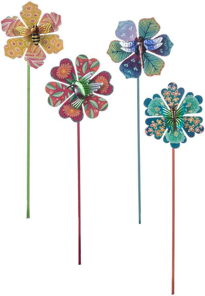 Topadorn Metal Floral Garden Stakes Waterproof Wind Spinner Decor - Colorful Windmill Design for Patio, Lawn, Garden, for Plant Lovers,4 Pack