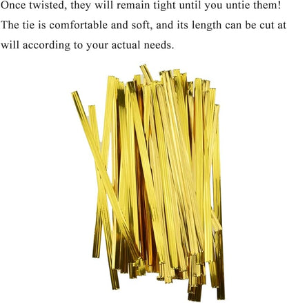 HAHIYO 300Pcs 4 inches Gold Metal Twist Ties Bread Candy Coffee Bag Ties Plant Garden Twist Ties for Cellophane Treat Bags Gift Wraping Bags Plastic Bags Halloween Party Cake Present Art Crafts
