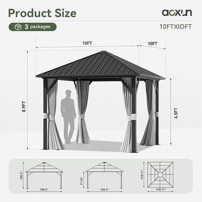 Aoxun 10'x10' Hardtop Gazebo, Galvanized Steel Outdoor Canopy Aluminum Single Top, Permanent Metal Pavilion with Netting and Privacy Curtains for Backyard, Patio and Deck