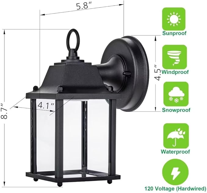 LIT-PaTH Outdoor LED Wall Lantern, Wall Sconce Exterior Porch Lighting Fixture, 3000K Warm White, 9.5W 800 Lumen, Aluminum Housing Plus Glass, Black Finish, 2-Pack