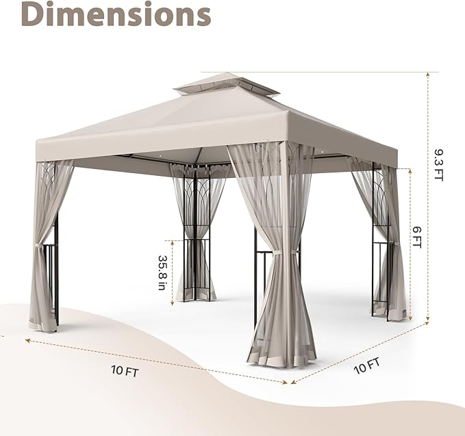 EAGLE PEAK 10x10 Patio Gazebo with Mesh Netting, Double Roof Outdoor Pavilion with Corner Shelves for Lawn, Deck, Garden and Backyard, Beige