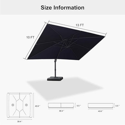 PURPLE LEAF 10' × 13' Patio Cantilever Umbrella with Base Outdoor Rectangle Adjustable Offset Umbrellas with 360-degree Rotation and 8 Heavy Duty Metal Ribs for Garden Deck Pool Navy Blue