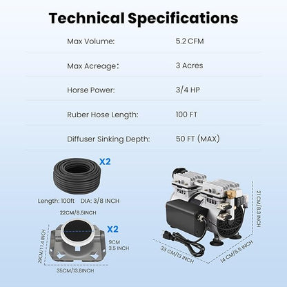 Pond Aerator Pump with Outdoor Cabinet, Touchscreen Displayer Operation, Ventilation Fan for Deep Water Circulation