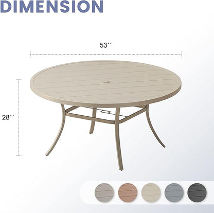 VICLLAX Outdoor Patio Round Dining Table, 53"x 53" Metal Slatted Round Tabletop with Adjustable Umbrella Hole for Deck Lawn Garden Backyard, Sandshell