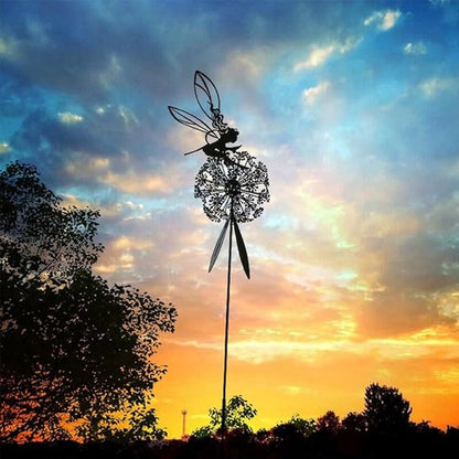 Flower Fairy Dancing with Dandelion Garden Art Sculpture Stainless Steel Statue Christmas Halloween Decoration for Outdoor Yard Courtyard Lawn Patio Metal Ornaments (Hurdle)