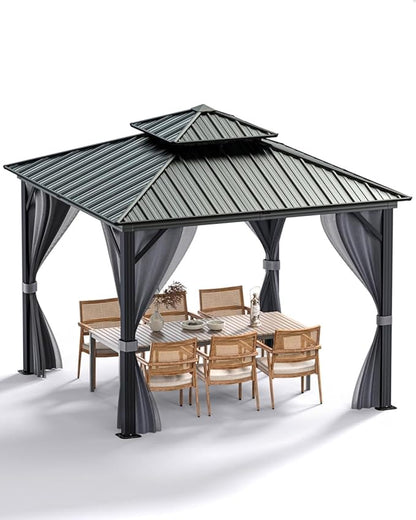 Hardtop Gazebo 12'x12' for All Weather, with Double Metal Roof, Aluminum Alloy Frame, and Net and Curtain, Permanent Building of Backyard Luxury for Patio, Deck, Backyard, Lawn, and Garden, Gray