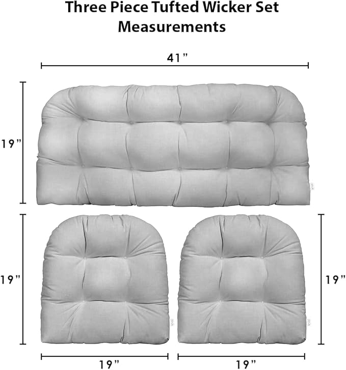 RSH DECOR: 3-Piece Wicker Tufted Cushion Set | 41” x 19" & 19" x 19" | All-Weather Spun Fabric | Water Resistant | Outdoor Loveseat & U-Shape Cushions for Patio Furniture | Charcoal Grey (Gray)