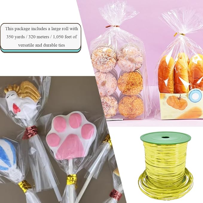 HAHIYO 350Yards/1050Feet/320M Gold Metal Twist Ties for Bread Candy Coffee Plant Garden Cellophane Treat Bags Gift Wrapping Plastic Halloween Party Cake and Craft Projects