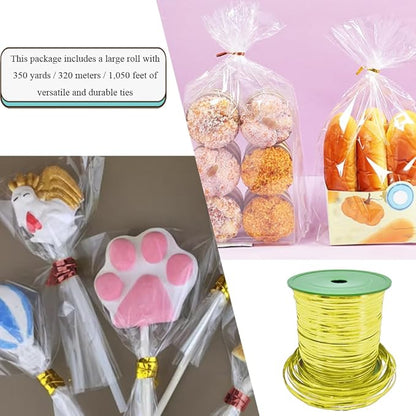 HAHIYO 350Yards/1050Feet/320M Gold Metal Twist Ties for Bread Candy Coffee Plant Garden Cellophane Treat Bags Gift Wrapping Plastic Halloween Party Cake and Craft Projects