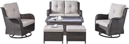Rilyson 6 Piece Outdoor Patio Furniture Set - Rattan Wicker Patio Conversation Sets with 2 Swivel Rocker Chairs,2 Ottomans,1 Loveseat and 1 Coffee Table for Outside Porch Deck Backyard(Brown/Beige)