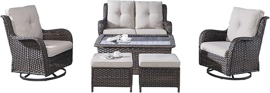 Rilyson 6 Piece Outdoor Patio Furniture Set - Rattan Wicker Patio Conversation Sets with 2 Swivel Rocker Chairs,2 Ottomans,1 Loveseat and 1 Coffee Table for Outside Porch Deck Backyard(Brown/Beige)