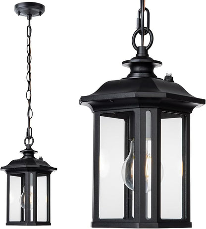 JYZ Dusk to Dawn Outdoor Pendant Lighting, Large Exterior Hanging Lantern Light Fixture, Classic Black Outdoor Chandelier, Outside Ceiling Mount Hanging Lamp for Porch Hallway Foyer Patio Gazebo