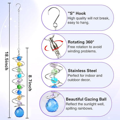 Sun Catchers, 2pcs Gazing Ball Spiral Tail Wind Spinners Crystal Suncatcher Prism Hanging Crystals Rainbow Maker for Windows Indoor Outdoor Garden Car Decorations Christmas Party Gifts for Girls Women