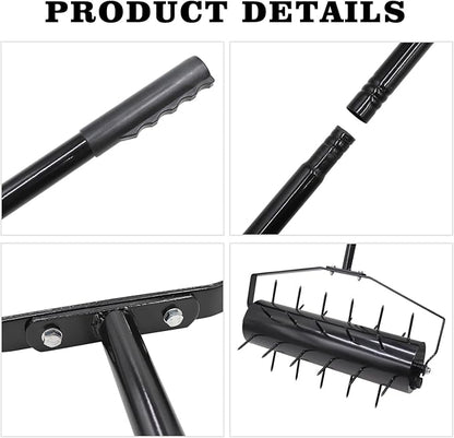 18 Inch Heavy Duty Rolling Lawn Aerator, Adjustable Weight Manual Roller Lawn Aerator Tool with Pre-Welded Spike, Hand Roller Soil Aerator for Garden Yard Lawn Grass Care with 49 Inch Steel Handle