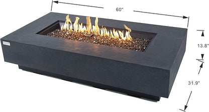 Elementi+ | Positano Gas Fire Pit Cast Concrete 60" Rectangular Fire Table, Outdoor Fire Pit Electronic Ignition | Canvas Cover, Fire Glass and Burner Lid Included | Dark Gray | Natural Gas
