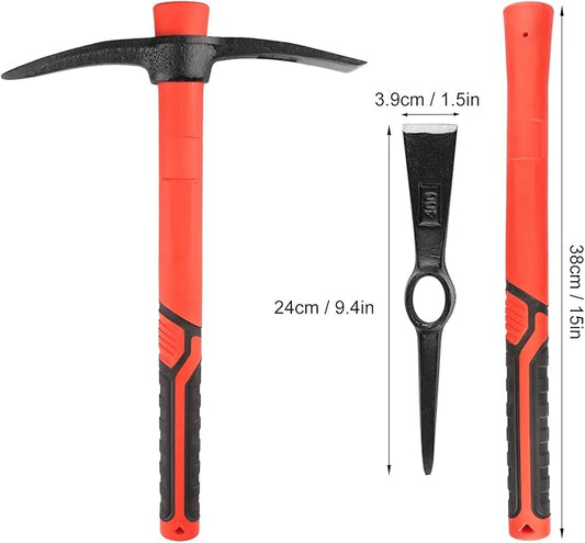 15 Inch Pick Mattock Hoe, Forged Weeding Garden Pick Axe with Fiberglass Handle, Pick Mattock Hoe for Loosening Soil, Gardening, Camping, by GENHAKON.