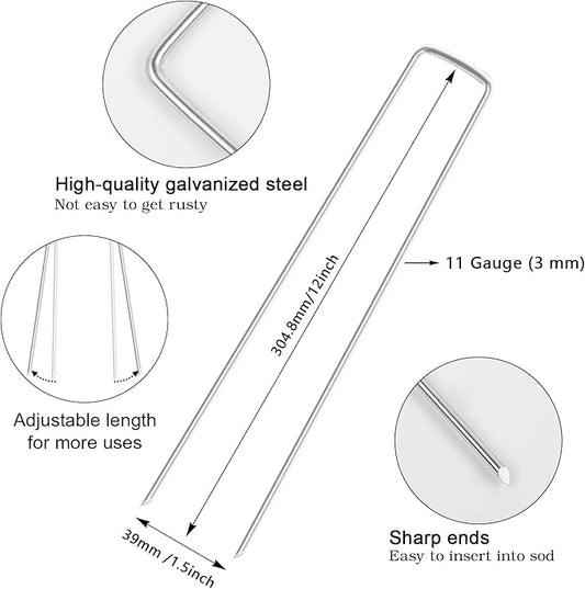 FEED GARDEN 12 Inch 50 Pack Galvanized Landscape Staples 11 Gauge Anti-Rust Garden Stakes Landscaping Fabric SOD Pins Yard Stakes for Weed Barrier Fabric