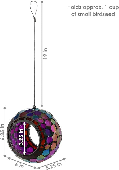 Sunnydaze 6-Inch Glass Mosaic Hanging Bird Feeder for Outdoors - Fly-Through Wild Bird Feeder - Iridescent Purple Mosaic