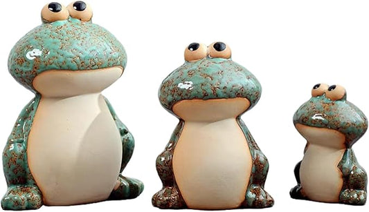 Frog Statues for Garden, Ceramic Frog Garden Decor for Outside, Cute Outdoor Yard Decorations Set of 3, Yard Decorations Gifts for Women, Mom, Grandma, Family and Friends (Green)