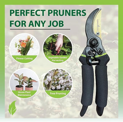 Garden Guru Soft Grip Garden Pruning Shears Scissors Clippers - Hardened Titanium Blades - Comfort Grips – Heavy Duty Bypass Hand Pruners Branch Cutters - for Gardening Trimming Bushes Flowers Plants