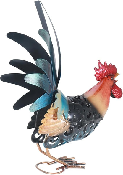 16.5" Metal Rooster Garden Statue, Handmade Morning Crowing Rooster Sculpture with Green Tail Feathers, Rust-Resistant Iron Art for Yard, Farmhouse, Kitchen & Outdoor Decor