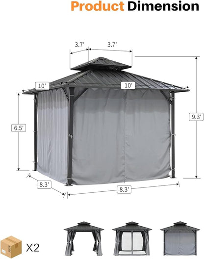 10' x 10' Hardtop Gazebo, Aluminum Frame Outdoor Patio Gazebos with Netting and Curtains, Outdoor Gazebo Canopy, Patio Pergola with Double Steel Roofs for Backyard, Patio, Deck, Slate Gray