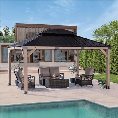 CHARMELEON 12x14 Cedar Wood Gazebo,Heavy Duty Patio Gazebo with Metal Roof,Permanent Hardtop Gazebos Pavilion for Backyard,Outdoor,Deck,Garden,Porch