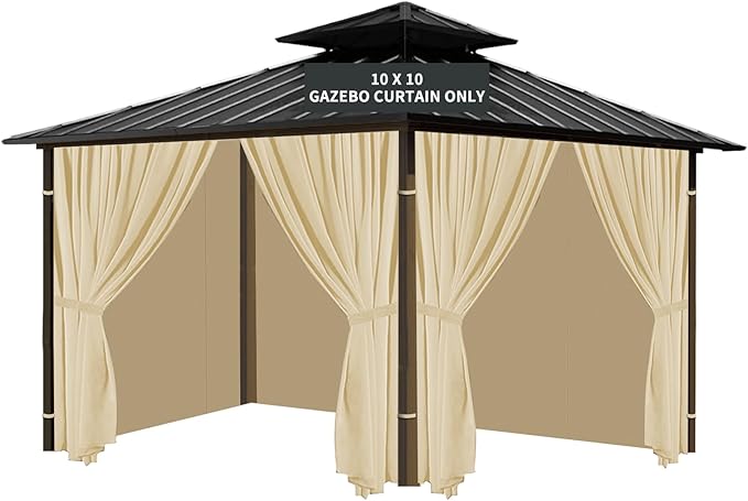 Gazebo Universal Replacement Privacy Curtain, 10'X10' Gazebo Curtains Outdoor Waterproof, 4-Panels Sidewall with Zipper for Patio, Garden and Backyard (Only Curtains, 10'X10', Khaki)