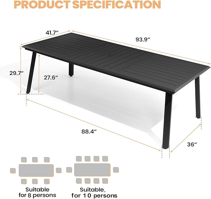 Outdoor Patio Dining Table for 8-10, 94 Inch Aluminum Table with Umbrella Hole, All-Weather Deck & Backyard Furniture