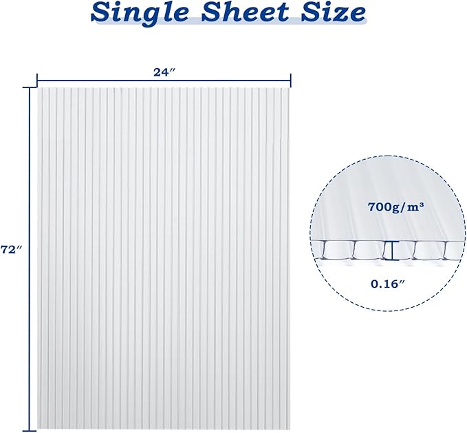 BPS 6Pcs 24"(W) x72(L)×0.16" Polycarbonate Panels, Waterproof UV Protected Reinforced Sheets, Outdoor Garden and Greenhouse Covering, Twin-Wall Clear Sheets