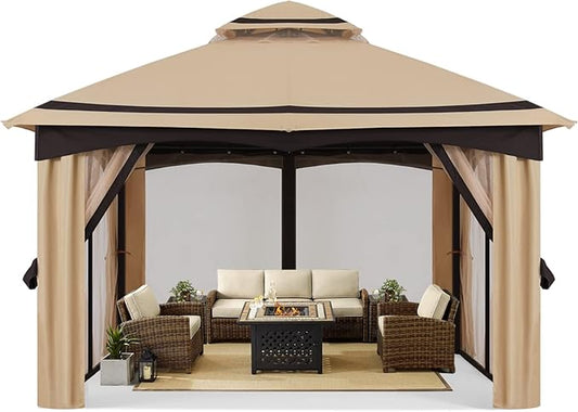 MASTERCANOPY 10x12FT Outdoor Patio Gazebo with Mosquito Netting for Backyard, Patio, Garden Beige
