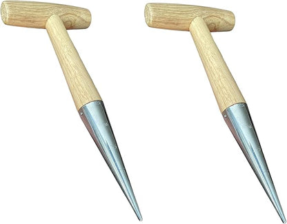 Garden Guru Steel Dibber Planter Tool for Planting Seeds & Bulbs - High Carbon Steel & Comfortable Wood Carved Handle - for Consistent Planting Flowers Tulips, Daffodils, Dahlias (2 Pack)