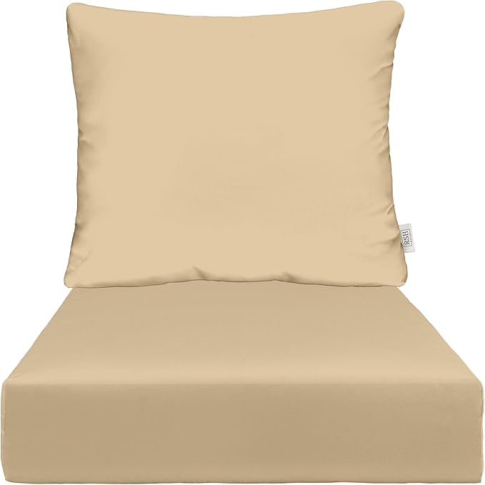 RSH DECOR Deep Seating Cushion with Pillow Back | 23.5” x 25” x 5" Seat | Water and Fade-Resistant Spun Fabric | Made in USA | Outdoor Chair Cushion Set for Patio Furniture (Tan)