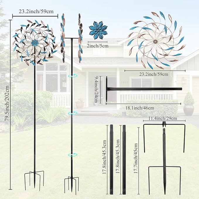 DREAMYSOUL Wind Spinner Outdoor, 23" Dia Metal Windmills with Blue and Copper Leaves, Kinetic Wind Spinners & Sculpture for Yard and Garden