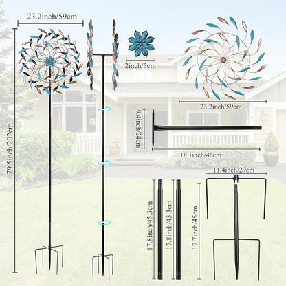 DREAMYSOUL Wind Spinner Outdoor, 23" Dia Metal Windmills with Blue and Copper Leaves, Kinetic Wind Spinners & Sculpture for Yard and Garden